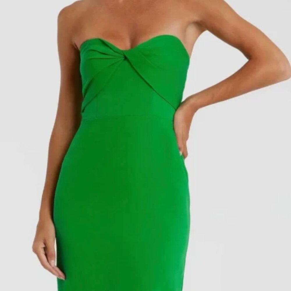 NWT Mac Duggal Green Crepe Strapless Twist Top Fitted Midi Dress 2 MSRP 358